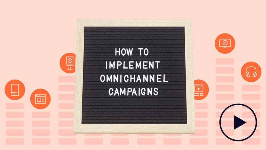 Orange graphic with a letter board in the middle that reads "How to implement omnichannel campaigns"