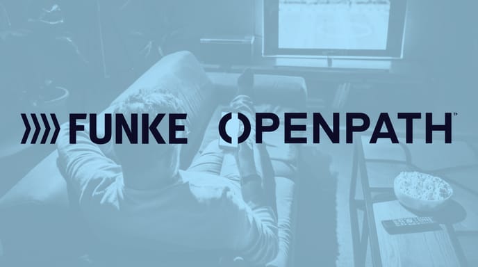 A man lounges on a couch watching TV with a smartphone in hand, overlaid with the FUNKE OPENPATH logo.