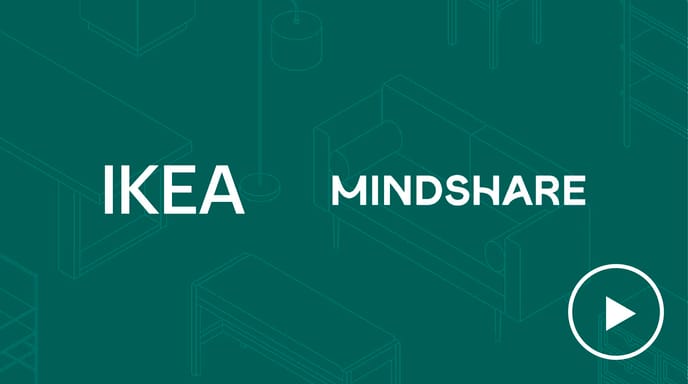 Green graphic with white text for "IKEA" and "Mindshare" with a video play button in the corner