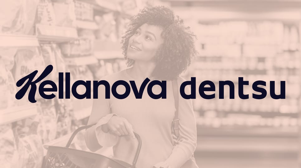 Woman shopping in a grocery store with Kellanova Dentsu logo overlay