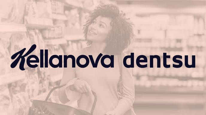 Woman shopping in a grocery store with Kellanova Dentsu logo overlay