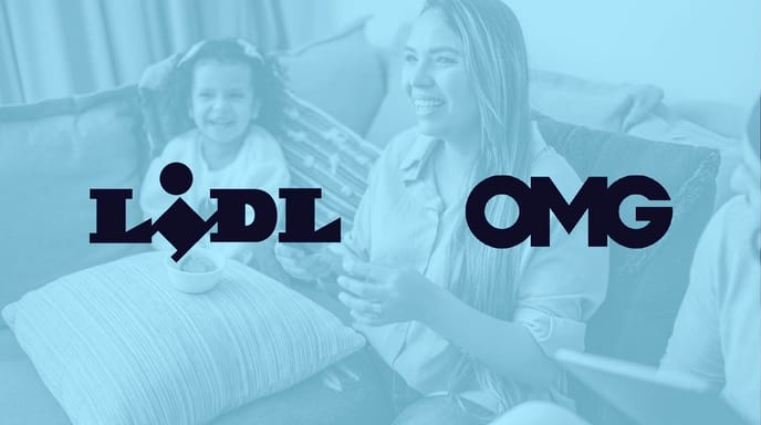 A smiling woman and child sit on a couch with snacks, overlaid with a blue tint and the logos of Lidl and OMG.