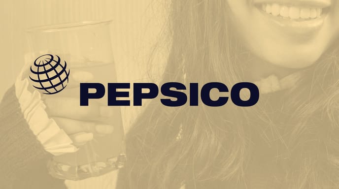 Woman in a beanie, holding a juice and looking away while smiling, with a yellow overlay and the Pepsico logo in the center