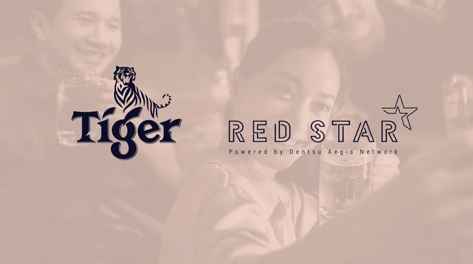 A group of friends take a cheerful selfie while holding beer mugs, overlaid with the Tiger Beer and Red Star (Powered by Dentsu Aegis Network) logos.