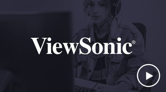 Woman gamer wearing headphones and looking concentrated at her computer with a gray wash over and the ViewSonic logo in the middle and a play button in the corner