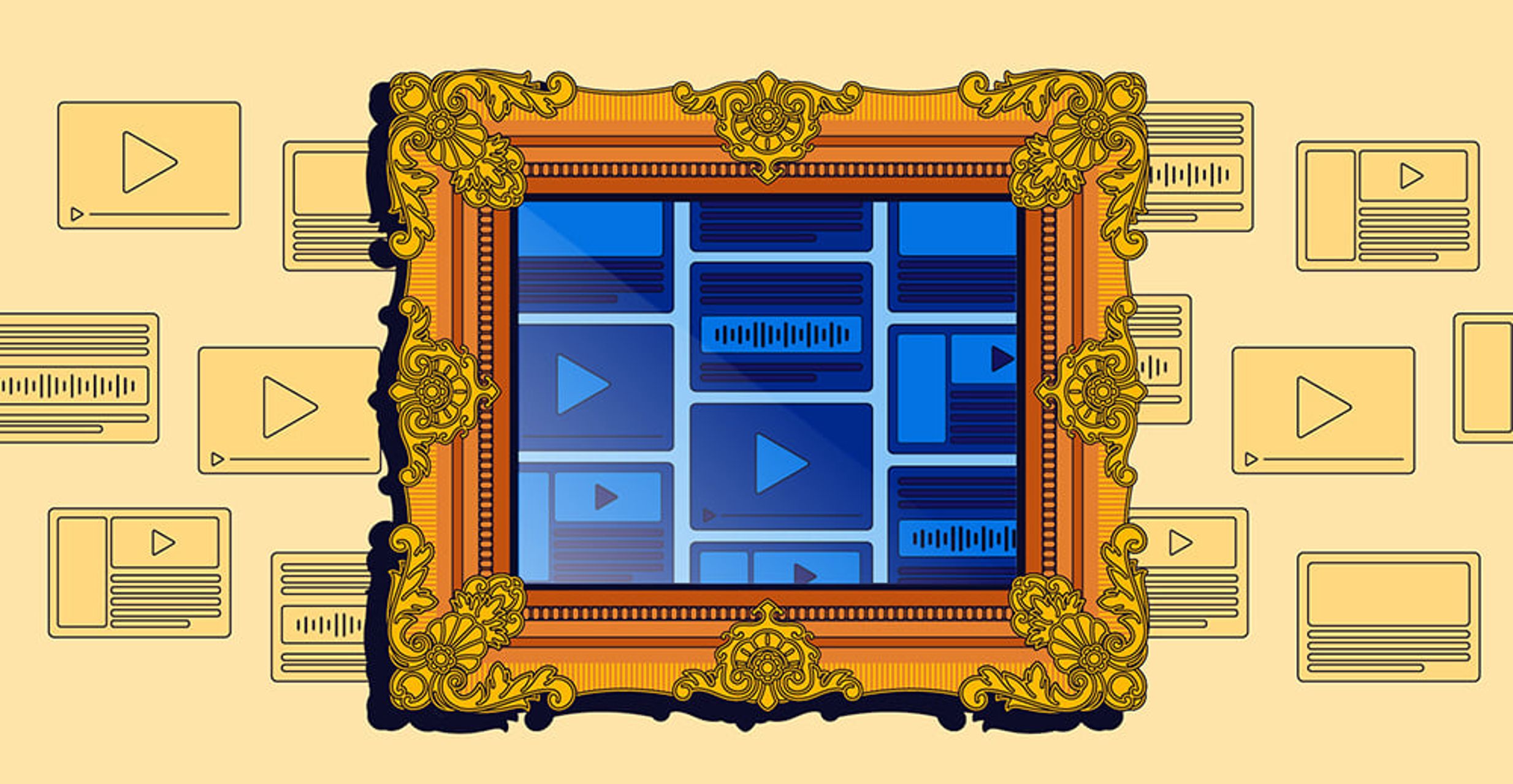 A group of ads are displayed on a wall. An ornate frame outlines and highlights a section of the ads, indicating that the ad opportunities within the frame have been selected as the most valuable opportunities.