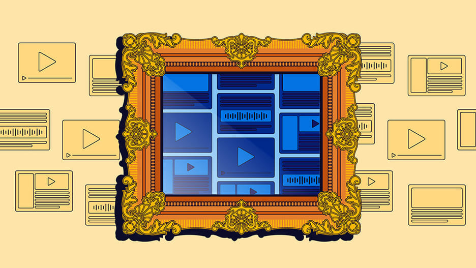 A group of ads are displayed on a wall. An ornate frame outlines and highlights a section of the ads, indicating that the ad opportunities within the frame have been selected as the most valuable opportunities.