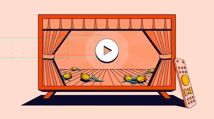 Graphic shows a TV displaying a theatre stage with a play button in the center. A TV remote sits beside the TV