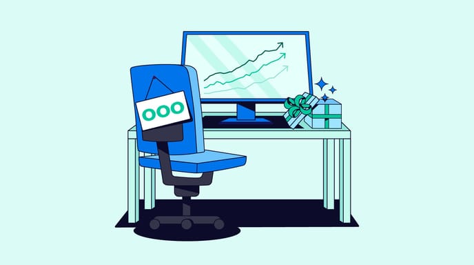 Illustration showing a desk with an "Out of office" sign hanging on the desk chair. On the desk, there's an opened present with sparkles around it, representing AI.