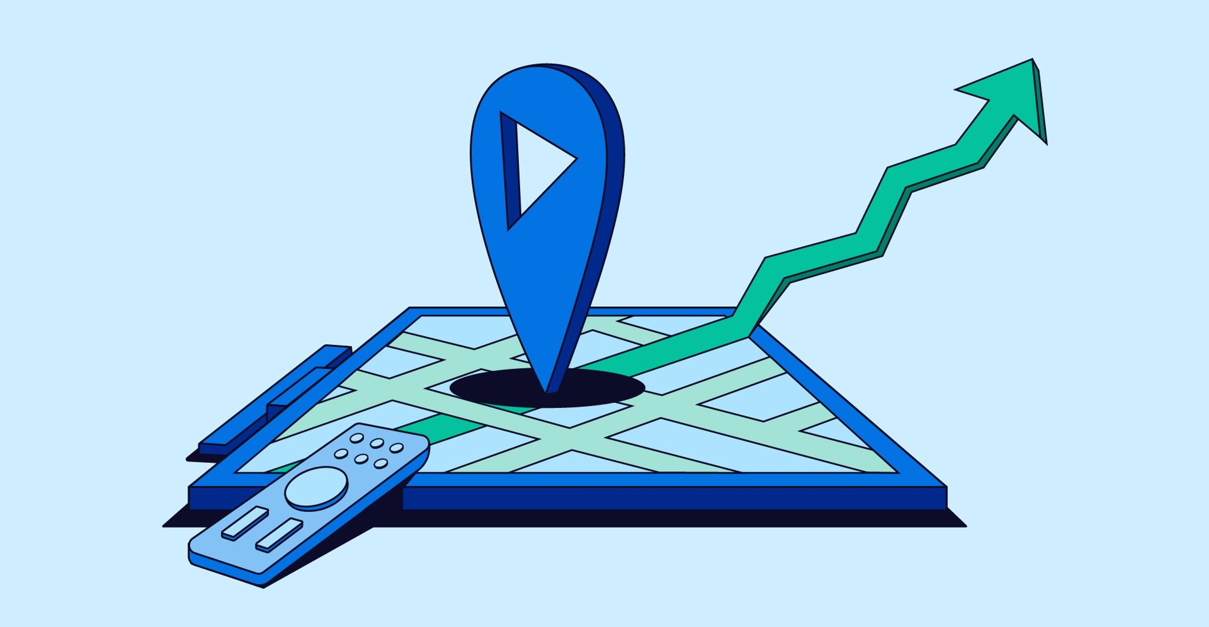 Blue graphic of a line chart going upwards from a digital map, to represent the Haworth Comscore Partnership x The Trade Desk