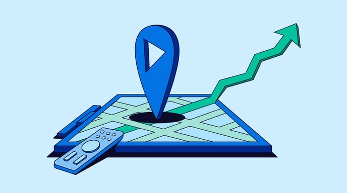 Blue graphic of a line chart going upwards from a digital map, to represent the Haworth Comscore Partnership x The Trade Desk