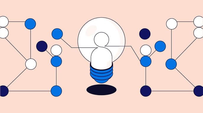 Illustration of a light bulb figure connected to a network of blue, white, and dark blue nodes on a light peach background.