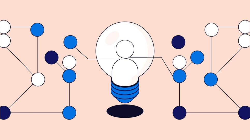 Illustration of a light bulb figure connected to a network of blue, white, and dark blue nodes on a light peach background.