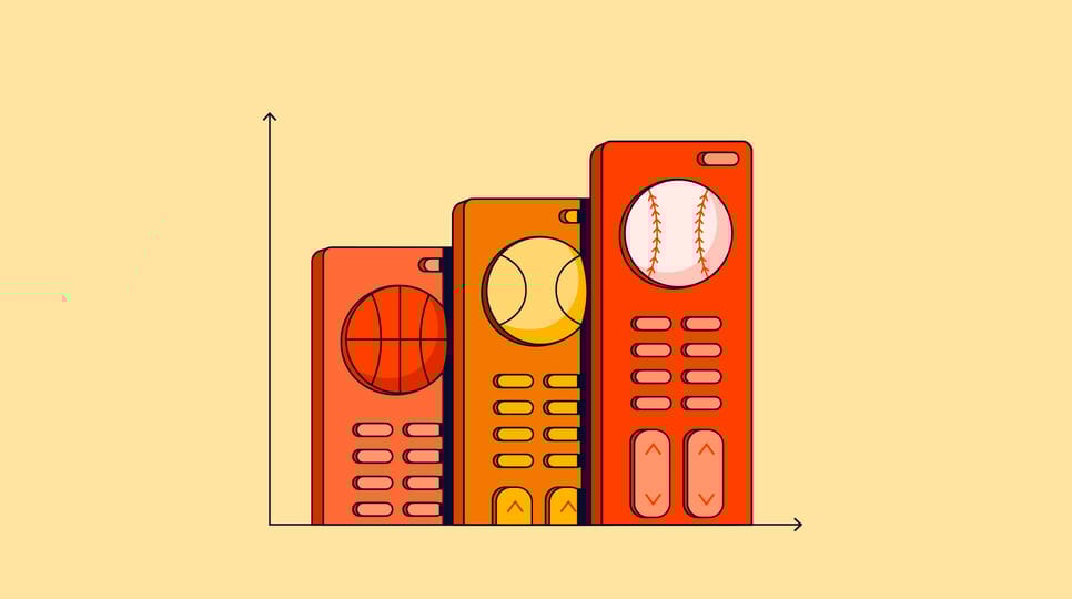 Graphic of three remotes in orange shades and various sports balls at the top of them, to represent "sports advertising"