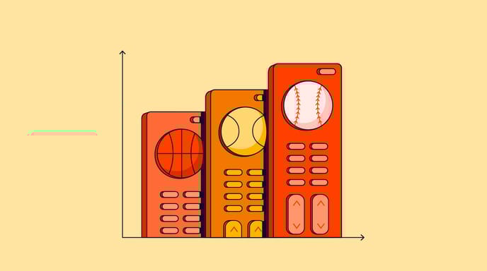 Graphic of three remotes in orange shades and various sports balls at the top of them, to represent "sports advertising"