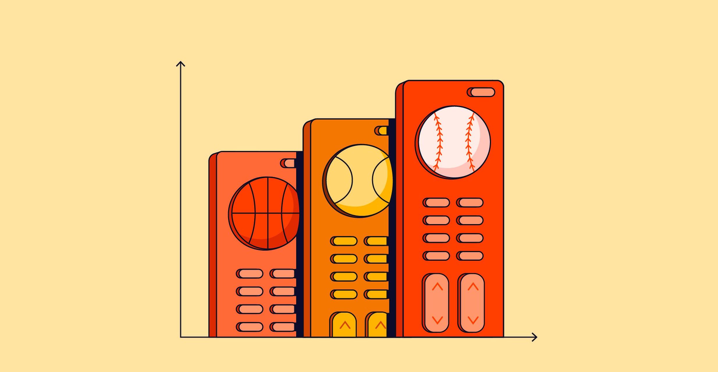Graphic of three remotes in orange shades and various sports balls at the top of them, to represent "sports advertising"