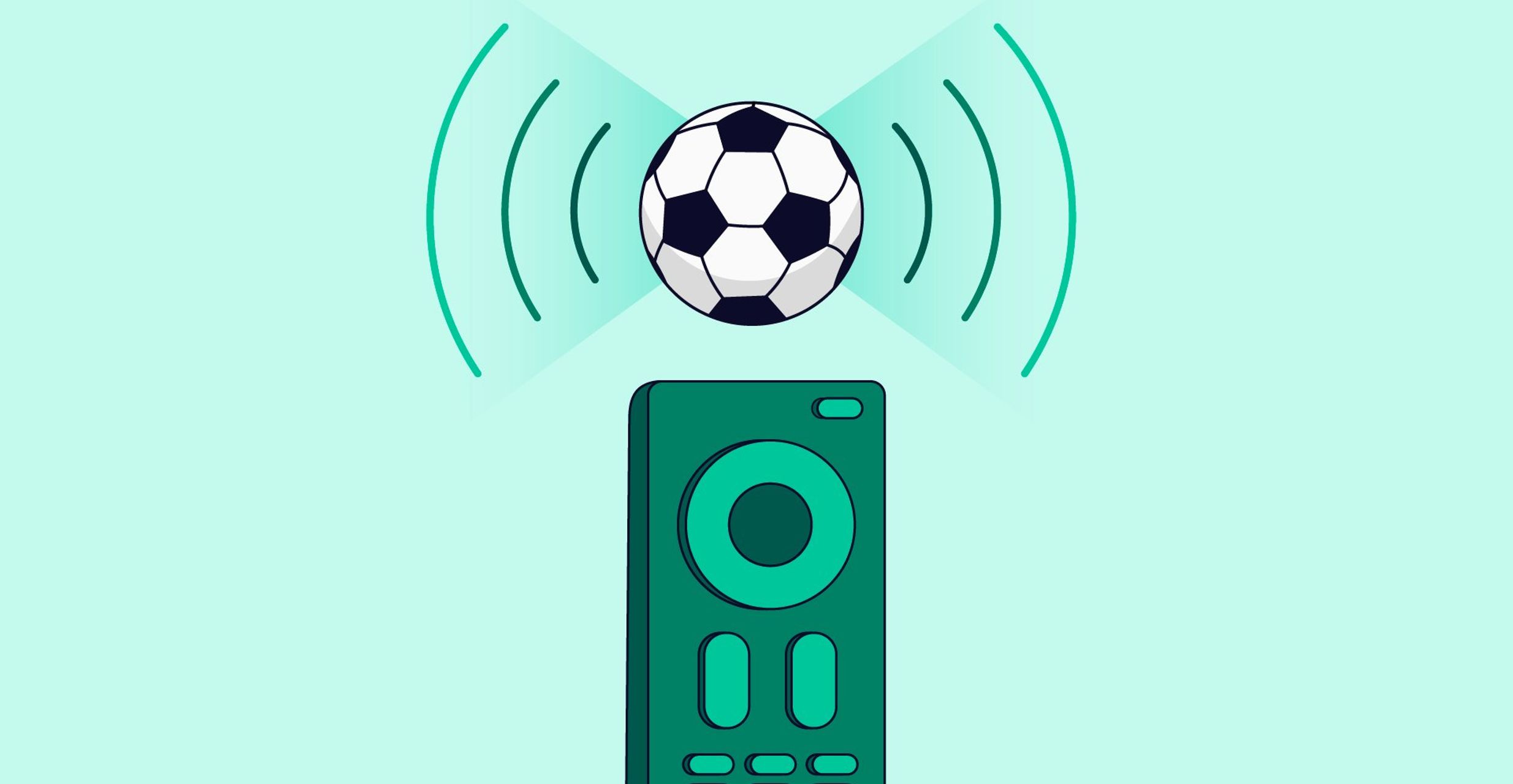 A football sits on top of a broadcast tower with internet lines emanating out of it. The base of the broadcast tower is a TV remote.