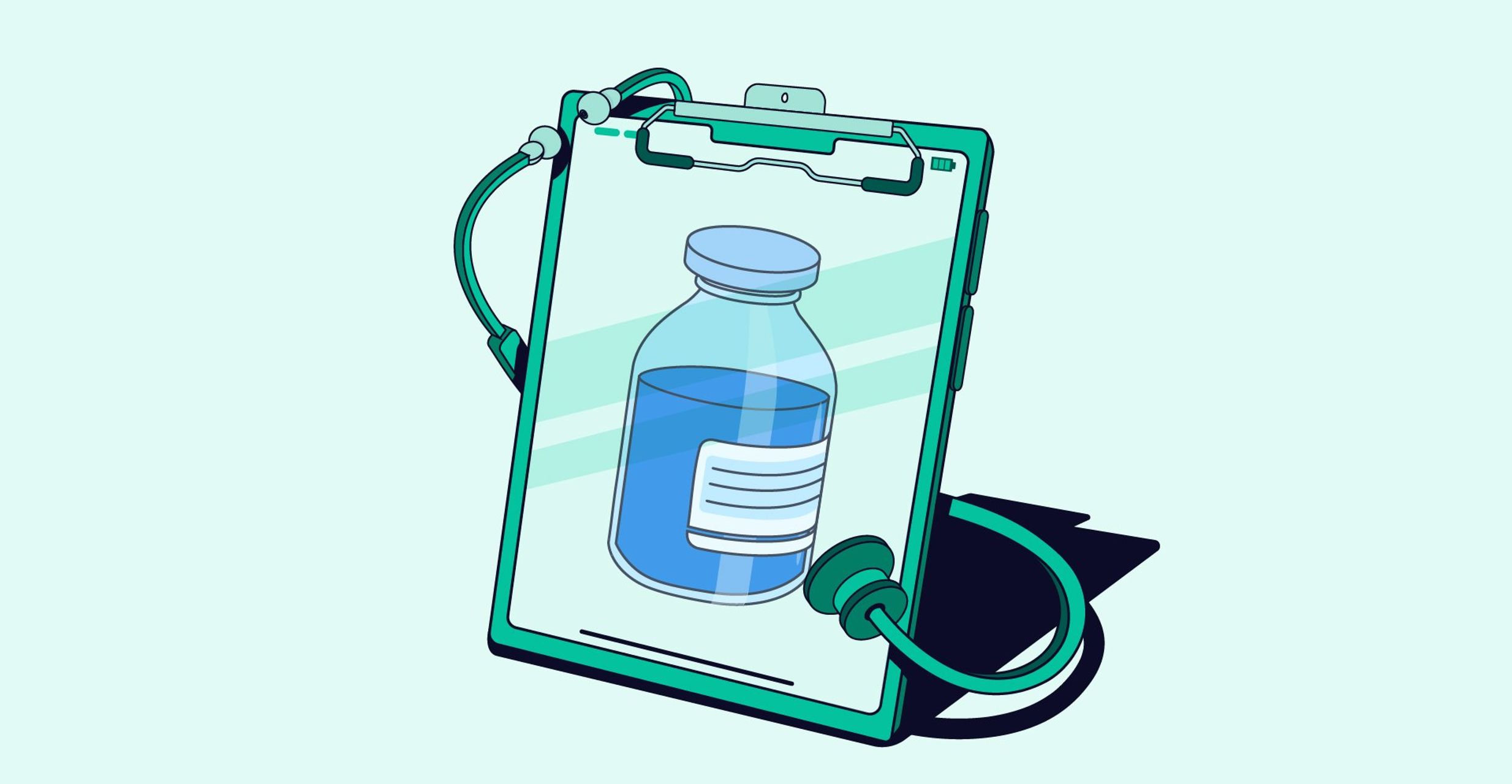 Illustration of a tablet with a stethoscope attached, displaying a medicine vial filled with blue liquid.