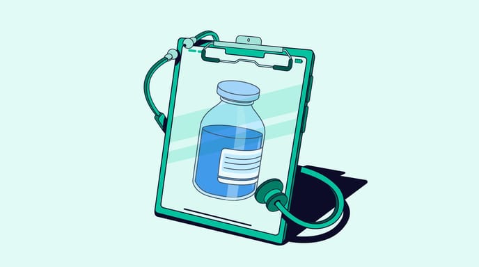 Illustration of a tablet with a stethoscope attached, displaying a medicine vial filled with blue liquid.