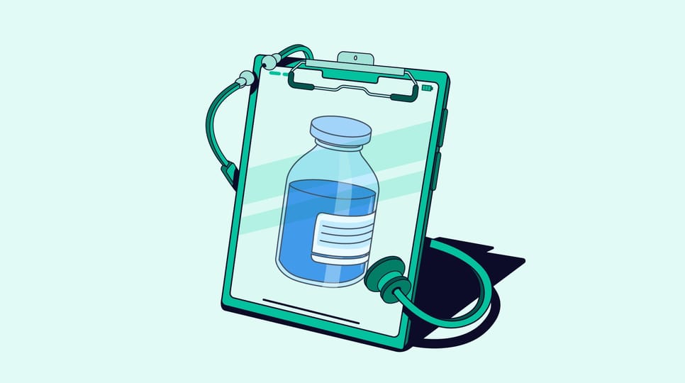 Illustration of a tablet with a stethoscope attached, displaying a medicine vial filled with blue liquid.