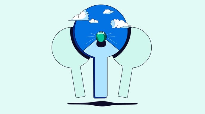 Illustration showing three bidding paddles. The paddle in the center has an illustration of a marble rolling down a straight, open path.