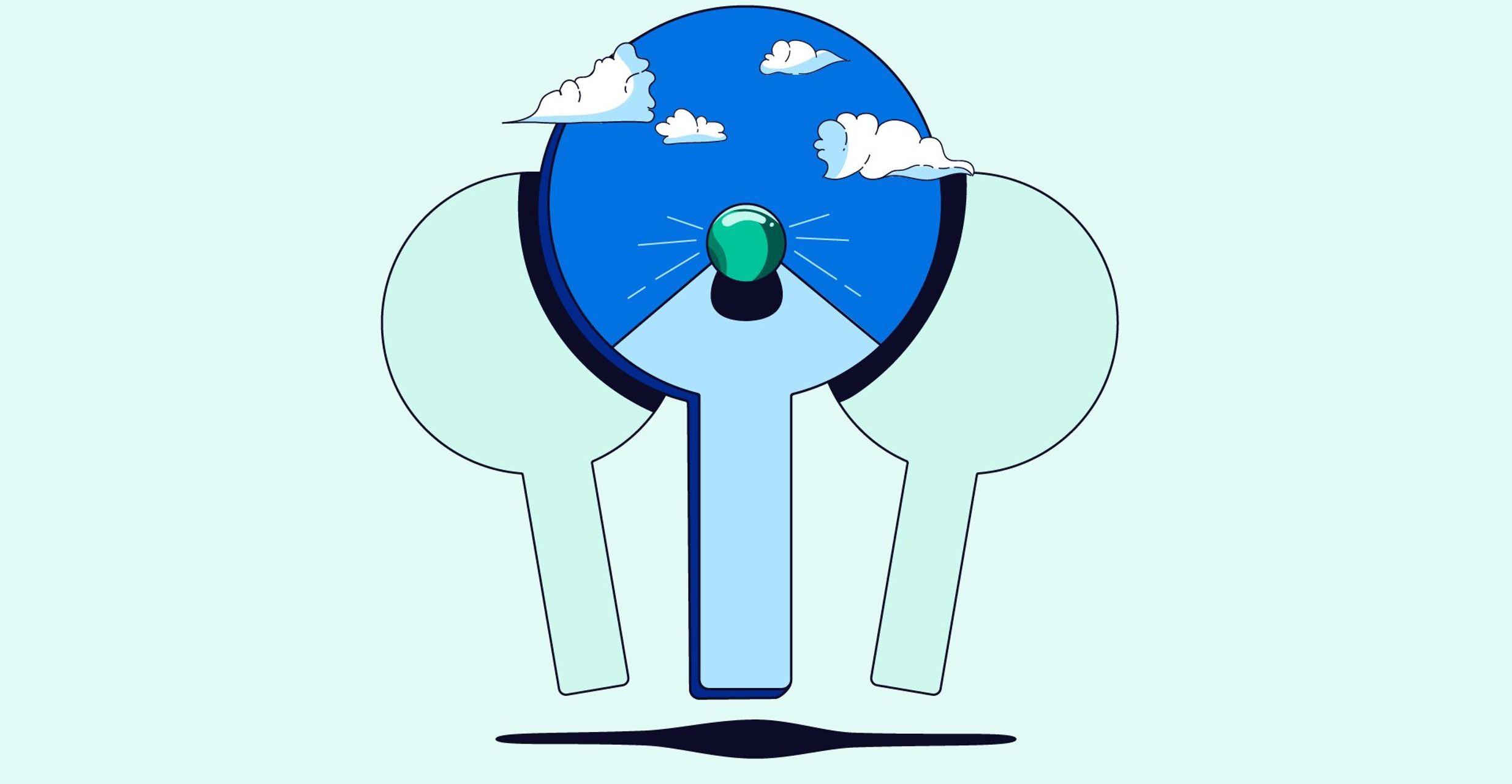 Illustration showing three bidding paddles. The paddle in the center has an illustration of a marble rolling down a straight, open path.