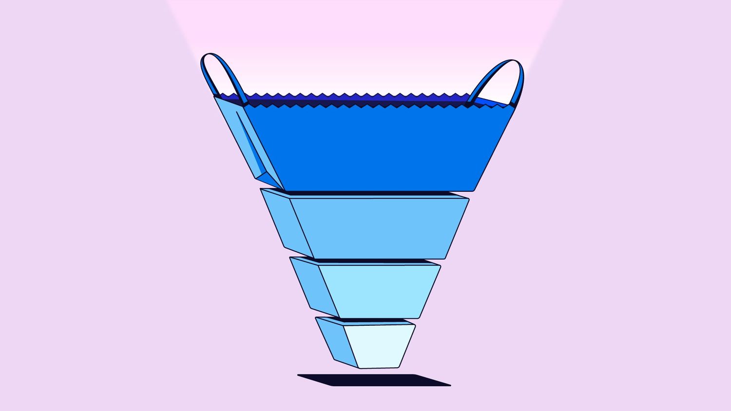 An illustration of a marketing funnel. The top level of the funnel is an open shopping bag.
