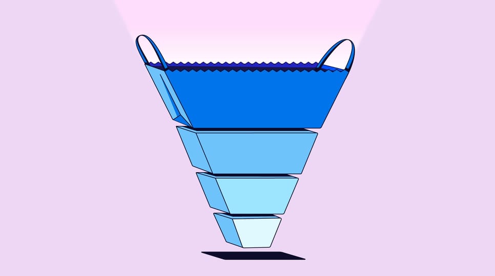 An illustration of a marketing funnel. The top level of the funnel is an open shopping bag.