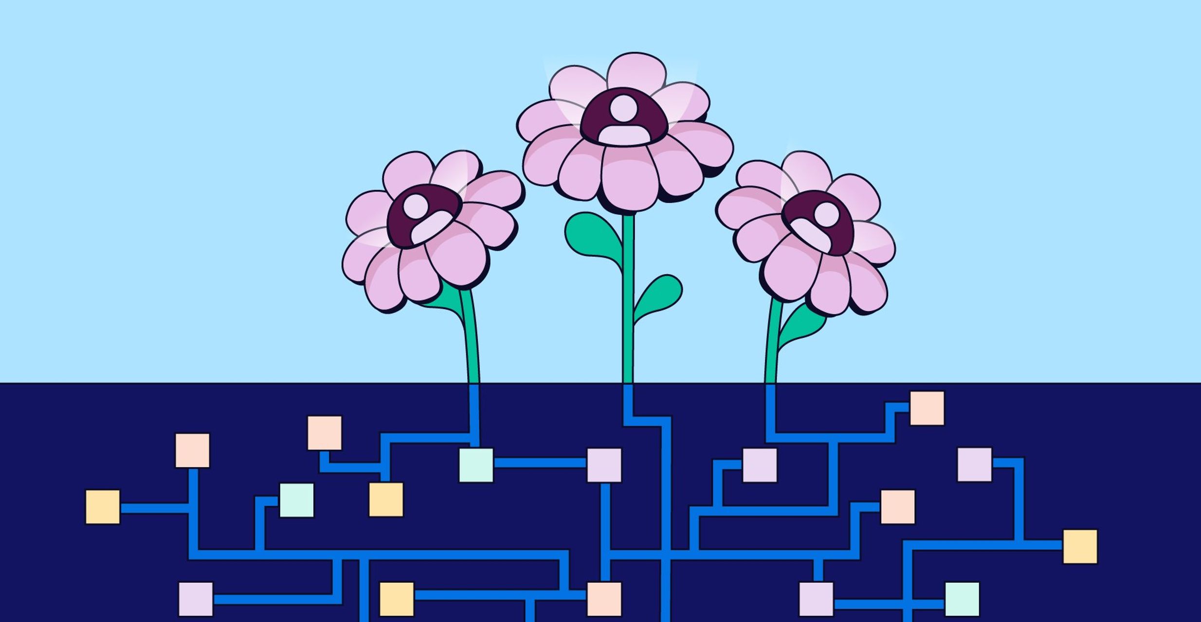 Image shows a trio of flowers above soil containing interconnected digital circuits and colored squares, against a light blue background.