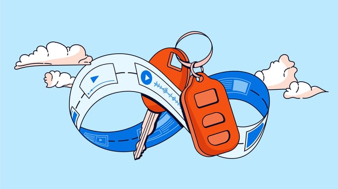 Bluue graphic of a set of orange keys floating in the clouds with a banner wrapped around it