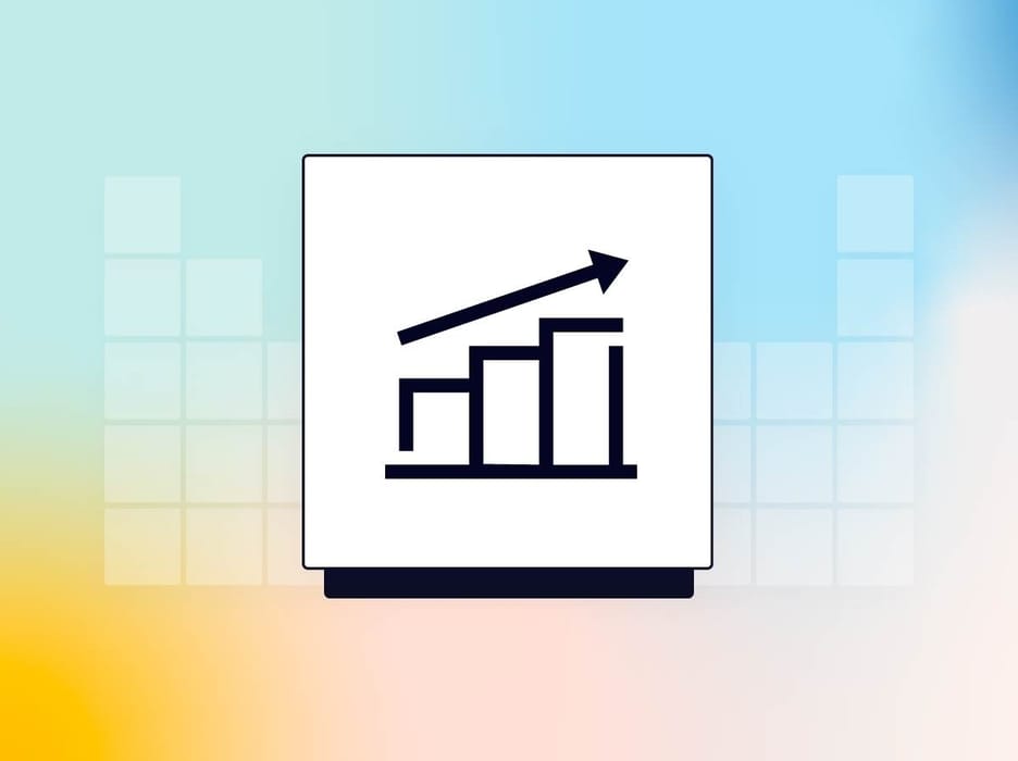 A black upward-trending bar chart with an arrow is centered on a white square, set against a gradient blue and yellow background with faint grid lines.