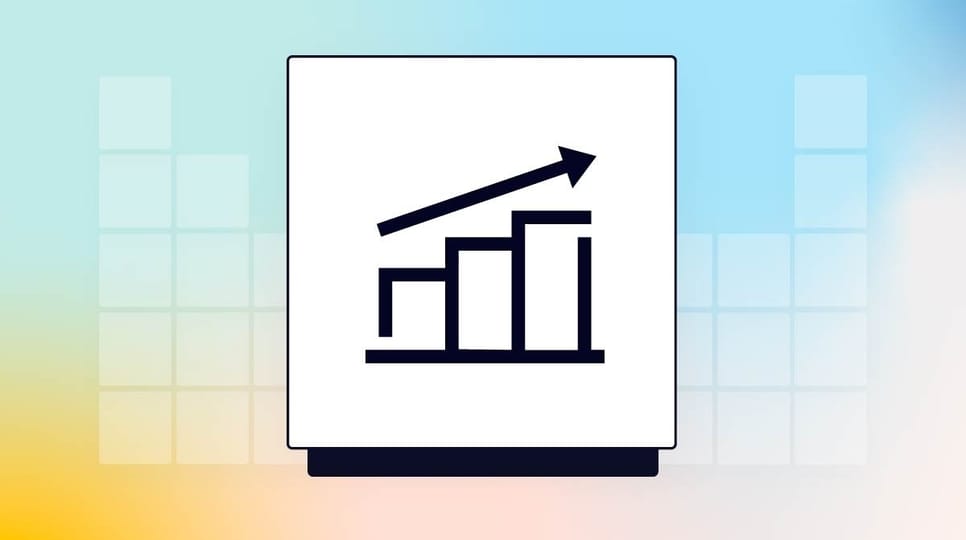 A black upward-trending bar chart with an arrow is centered on a white square, set against a gradient blue and yellow background with faint grid lines.