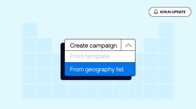 An illustration showing the programmatic table, and a graphic showing Kokai's new feature that allows users to create campaigns in bulk using geography lists.