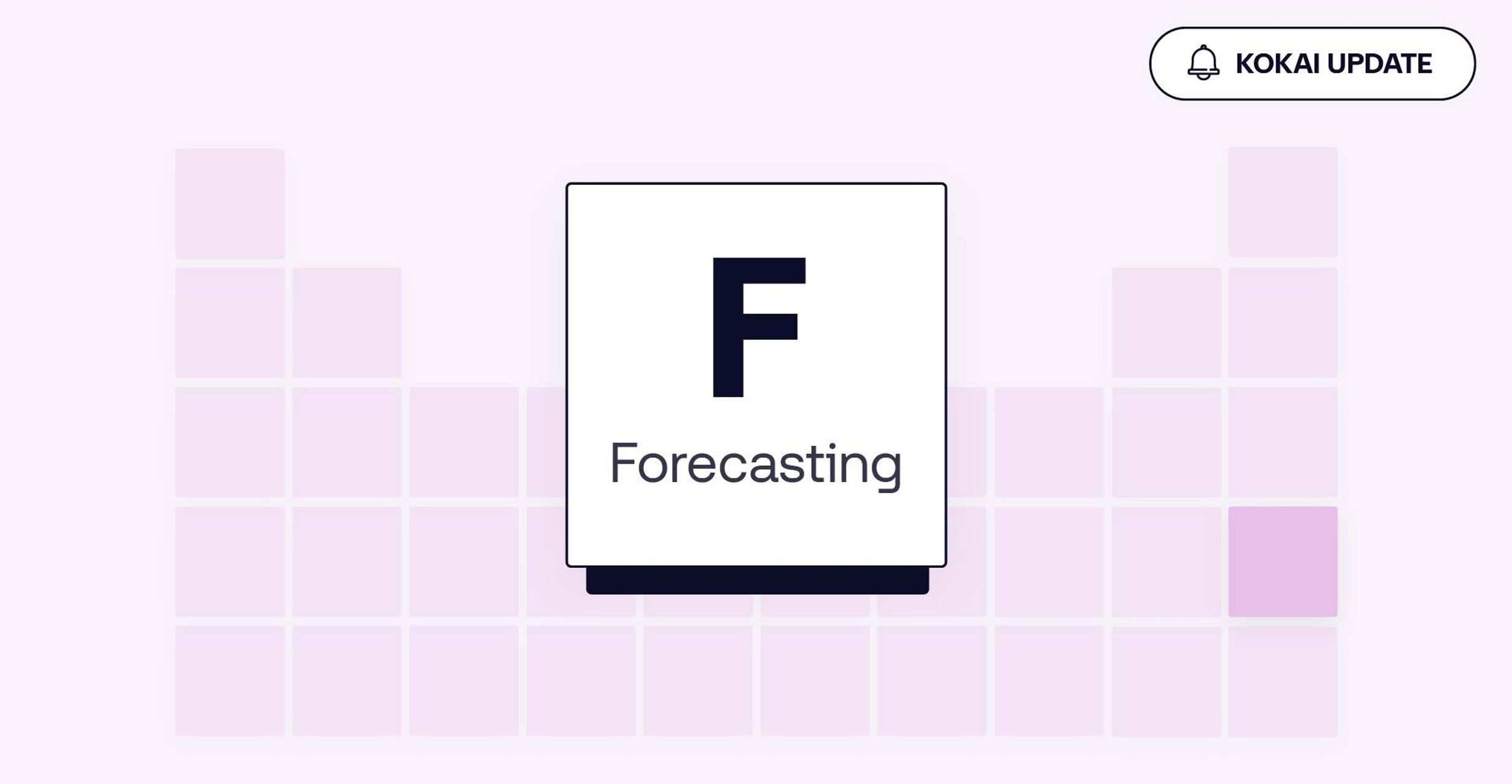 A stylized tile labeled "F Forecasting" centered on a purple grid background, with a notification icon reading "Kokai Update" in the top right corner.