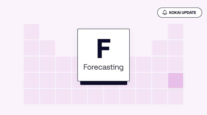 A stylized tile labeled "F Forecasting" centered on a purple grid background, with a notification icon reading "Kokai Update" in the top right corner.