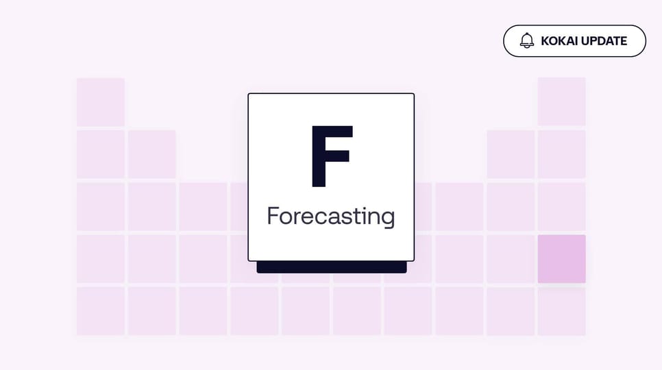 A stylized tile labeled "F Forecasting" centered on a purple grid background, with a notification icon reading "Kokai Update" in the top right corner.