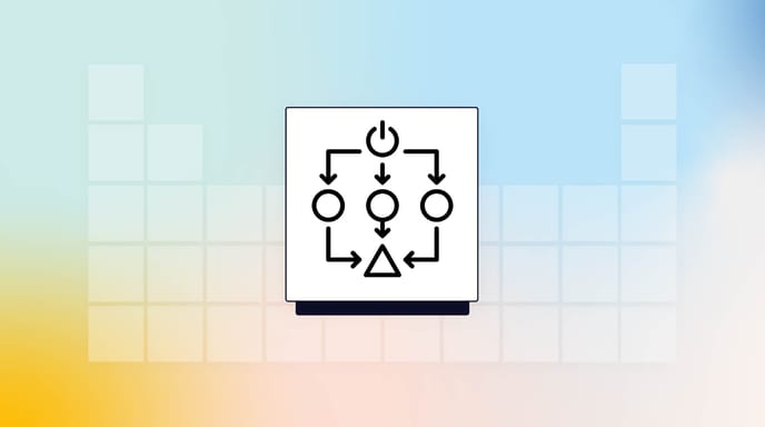 A simple black-and-white flowchart icon showing arrows connecting circles to a triangle on a gradient background.