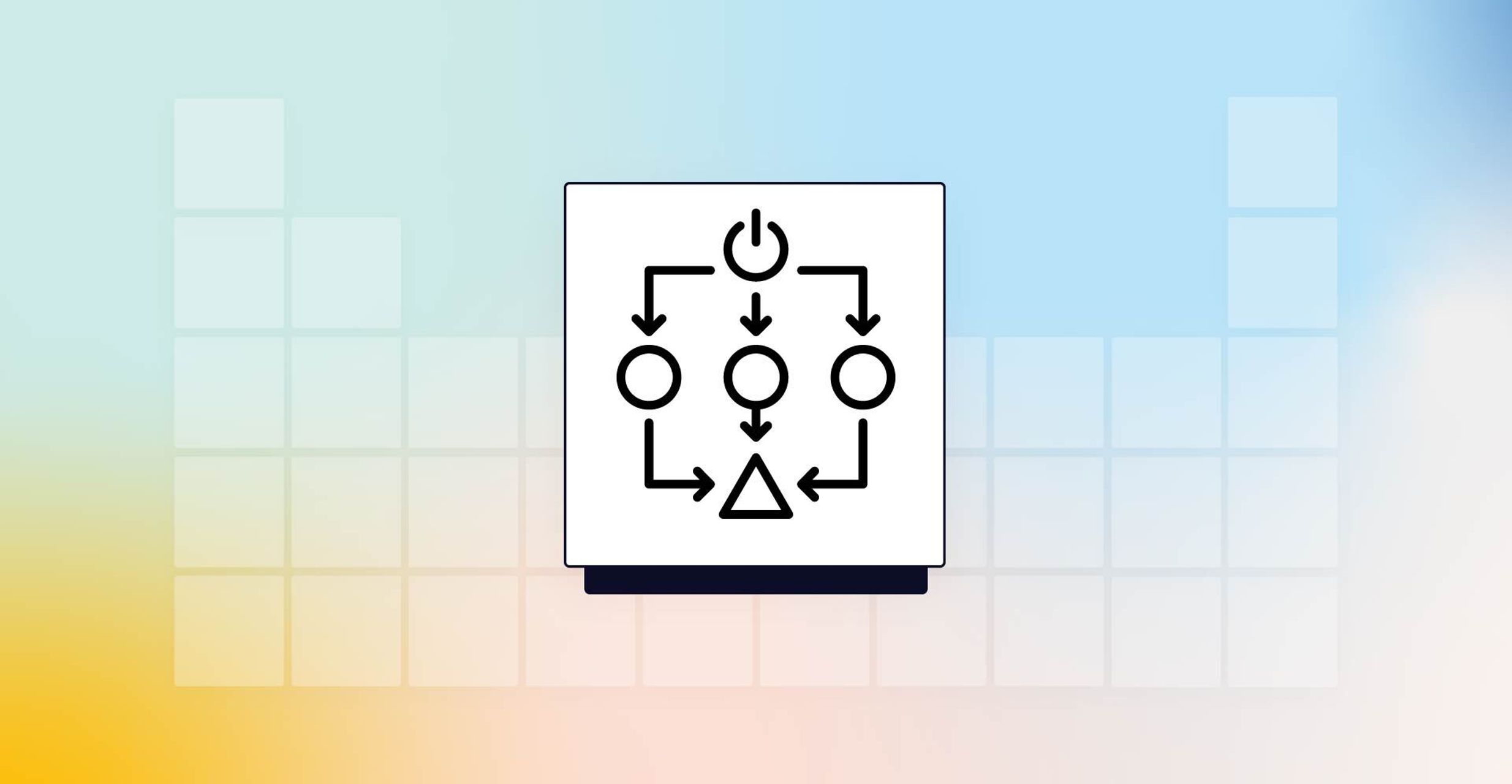 A simple black-and-white flowchart icon showing arrows connecting circles to a triangle on a gradient background.