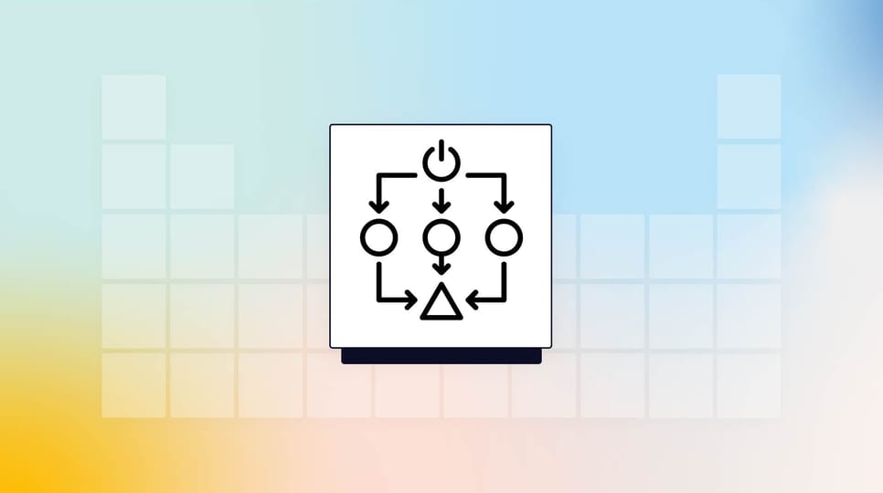 A simple black-and-white flowchart icon showing arrows connecting circles to a triangle on a gradient background.