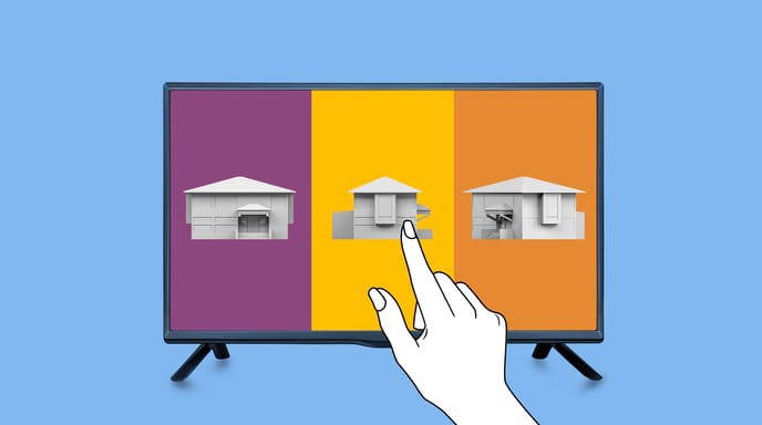 A small tv screen shows three 3d house designs while a hand taps the second design.