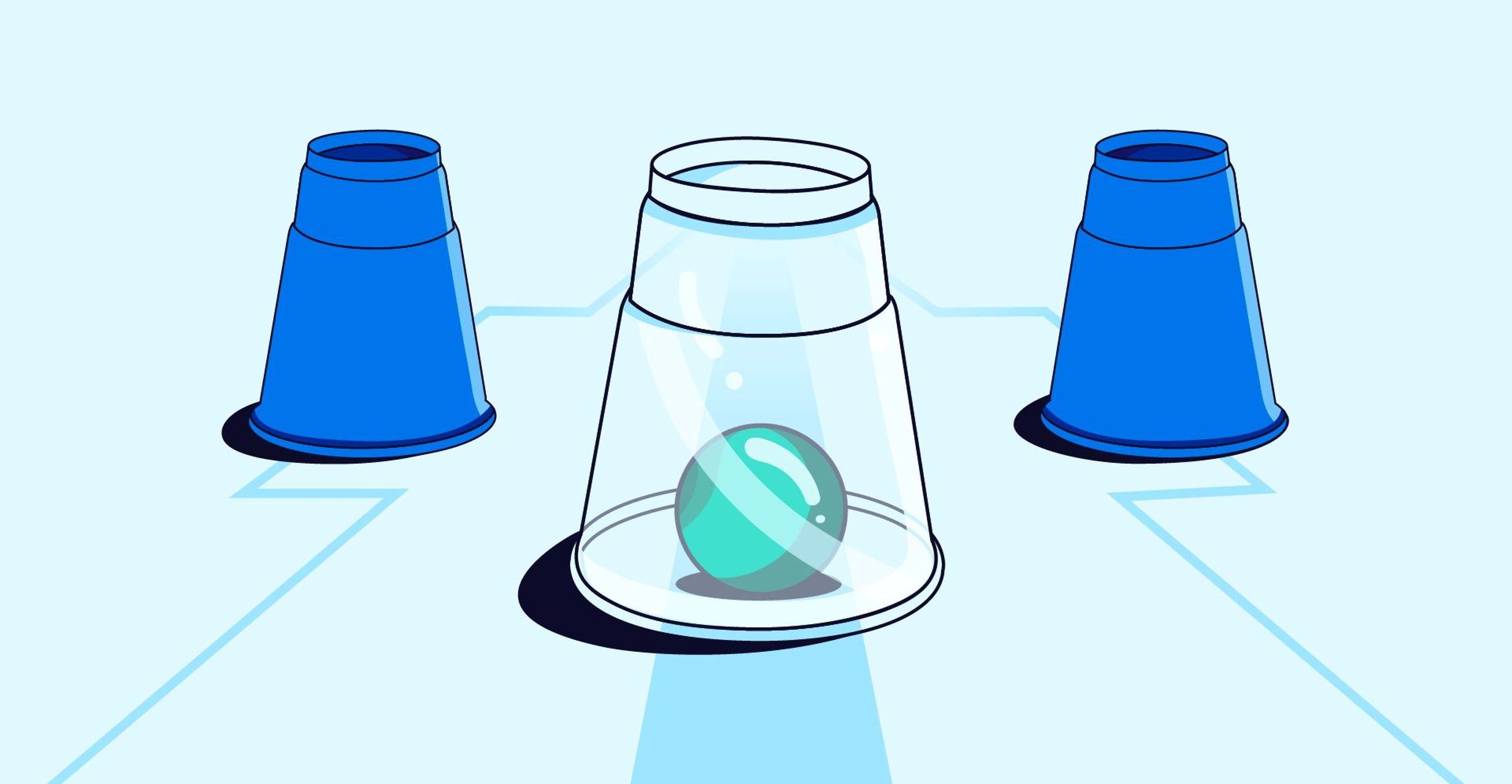 Three cups are arranged in a row with a teal ball visible under the transparent center cup.