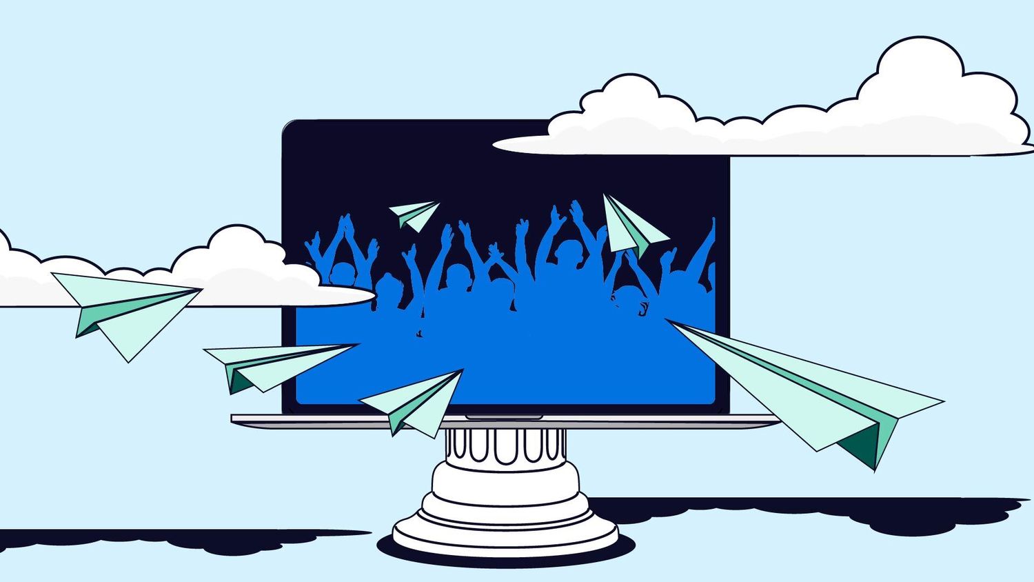 Blue graphic of people cheering on a computer screen, in the clouds with paper airplanes going towards it