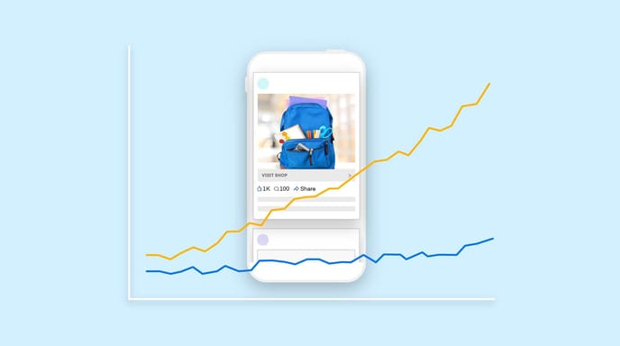 Light blue background with a graphic of a bar chart placed over a phone that has an image of a backpack displayed.