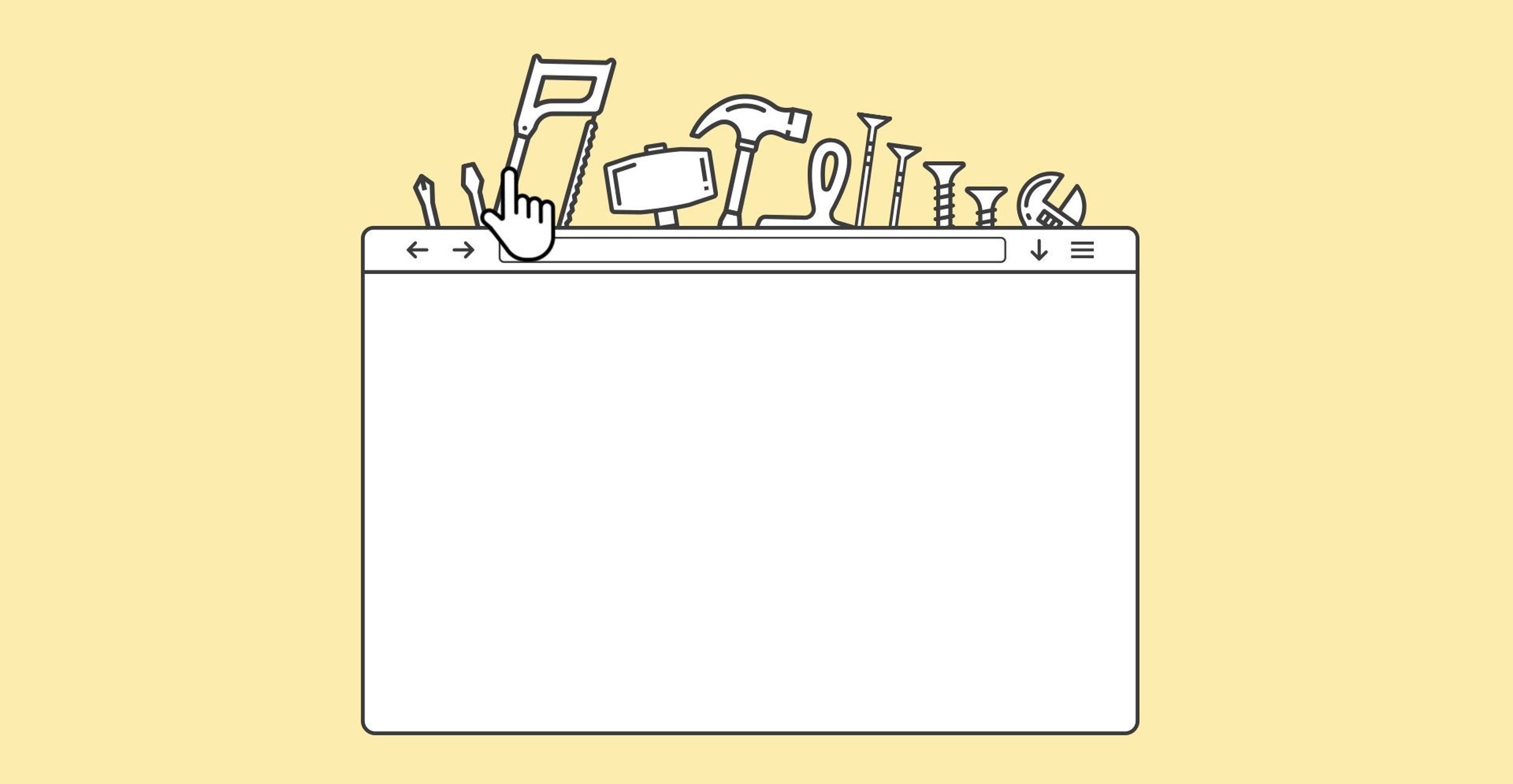 Illustration of a web browser window with various tools like hammer, wrench, and screwdriver on top.