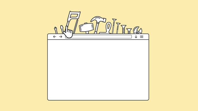 Illustration of a web browser window with various tools like hammer, wrench, and screwdriver on top.