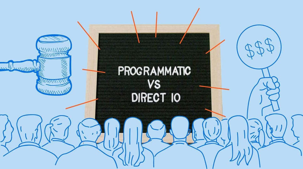 An animation shows a crowd facing a letter board that reads "Programatic vs Direct IO". A gavel appears to the left of the board and a hand holding a sign with dollar signs appears to the right of the board.