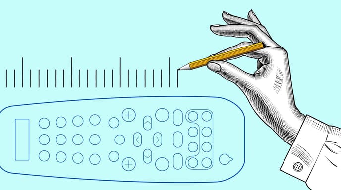 Illustration of a hand measuring a TV remote with a pencil and ruler marks.