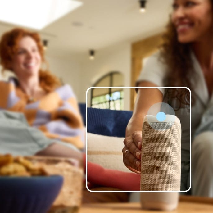 Smart speaker in a modern living room, enabling voice control and connected home convenience