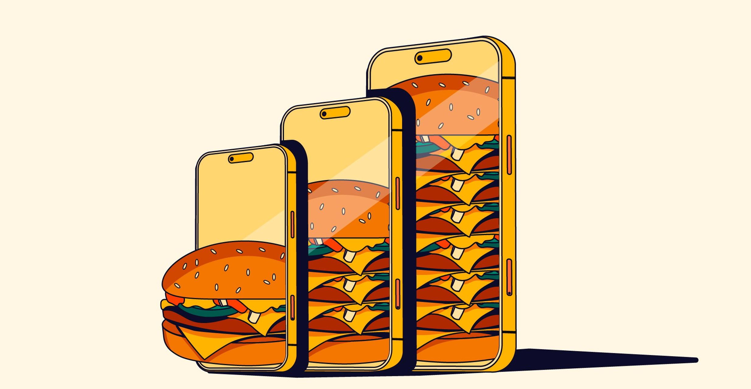 Illustration of three smartphones in increasing sizes, each filled with stacked cheeseburgers, symbolizing growth or abundance.