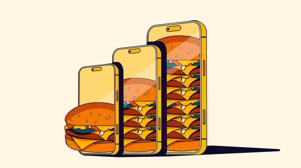 Illustration of three smartphones in increasing sizes, each filled with stacked cheeseburgers, symbolizing growth or abundance.